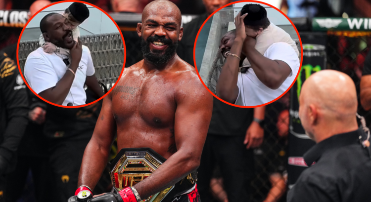 Main photo shows Jon Jones with his UFC title belt smiling in the cage after a fight. The two bubbles either side show him being choked and bitten ...