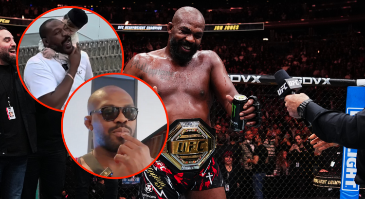 Main photo shows Jon Jones dancing with his UFC belt. Bubbles show Jones and Hasbulla playfighting (top) and Jones wearing sunglasses while pointin...