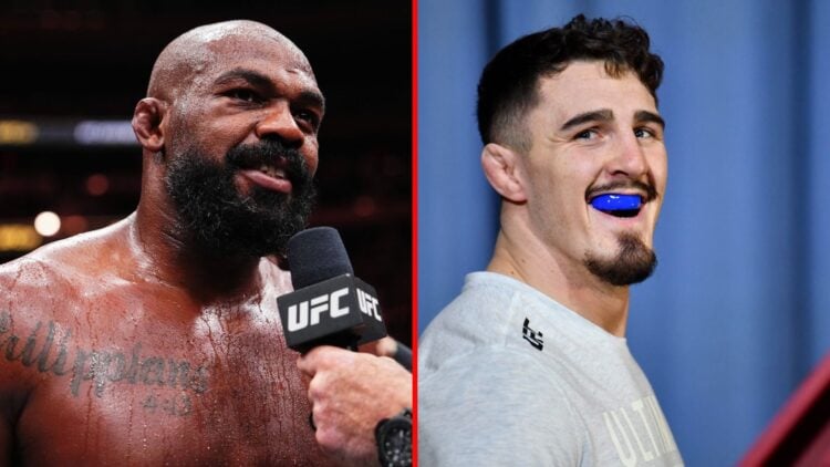 Split image of Jon Jones being interviewed and Tom Aspinall at the UFC Apex