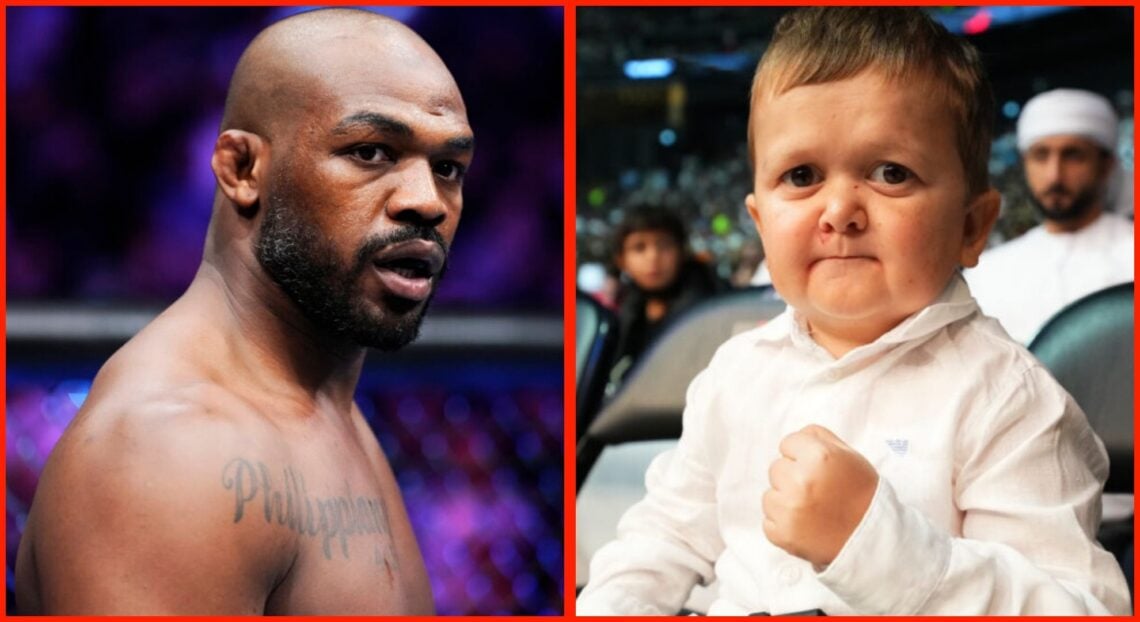 Split image of Jones Jones preparing to fight at UFC 285 and Hasbulla cageside at UFC 280