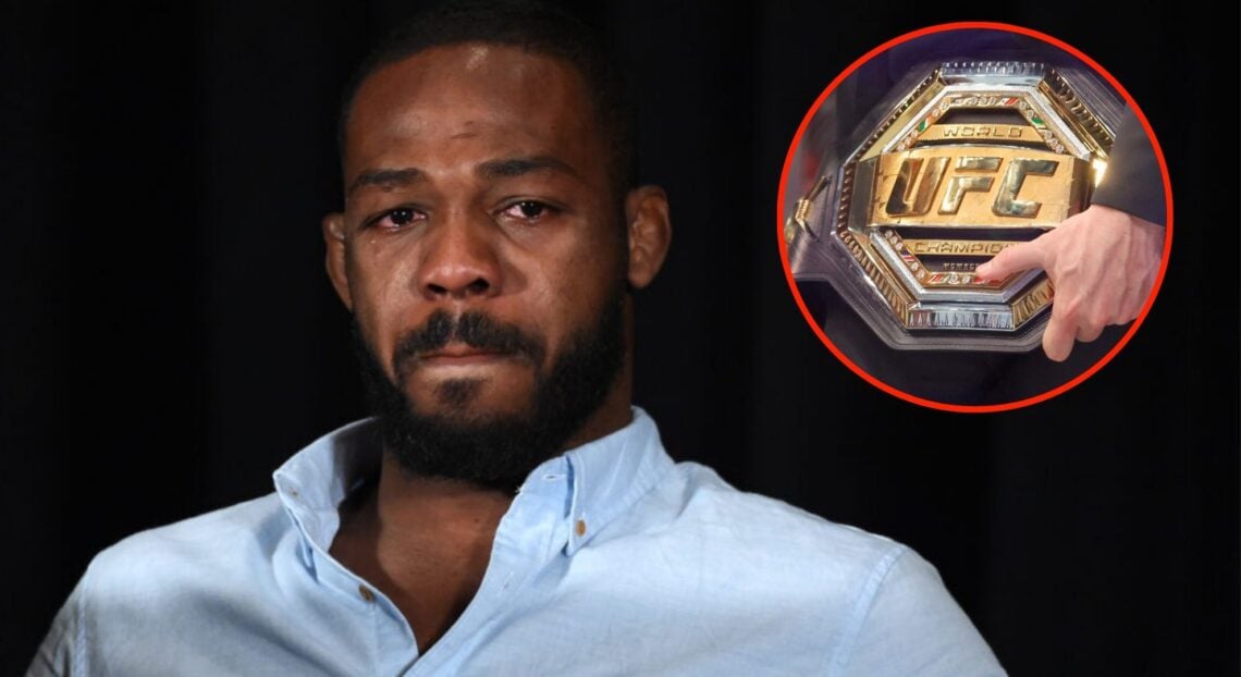 Jon Jones crying during a UFC Press Conference with an inset of a UFC belt