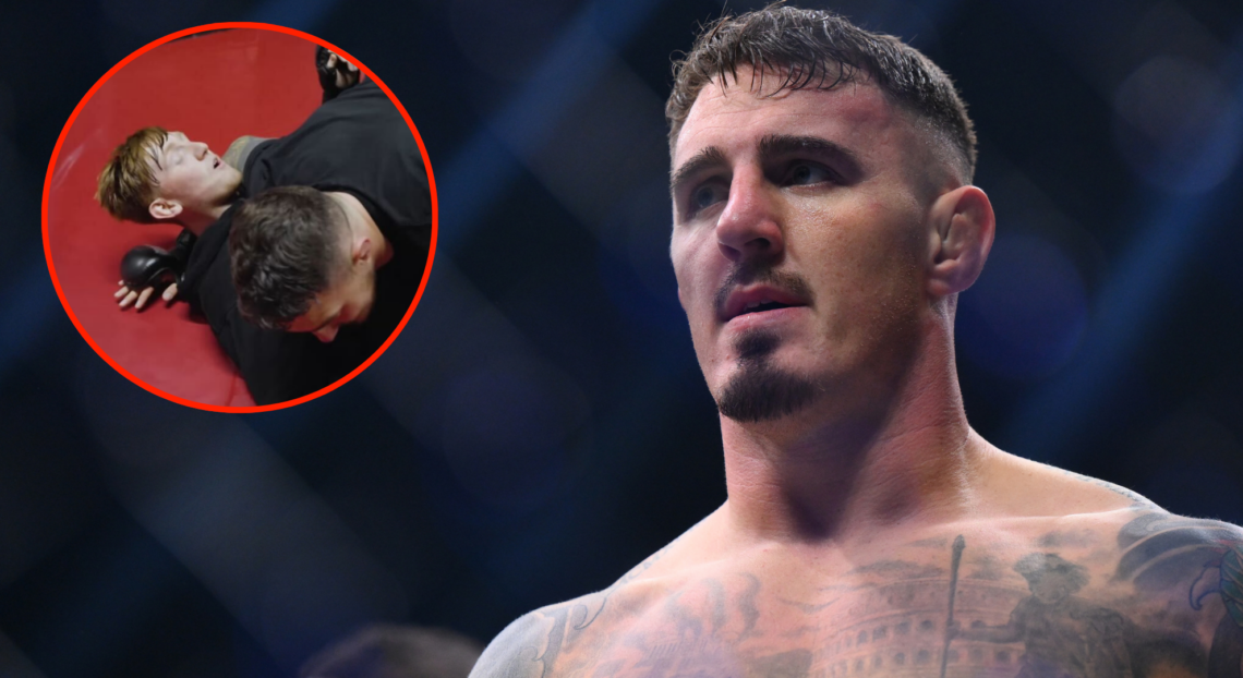 Tom Aspinall enters the Octagon for his co-main event fight at UFC 304, inset Angry Ginge and Aspinall rolling