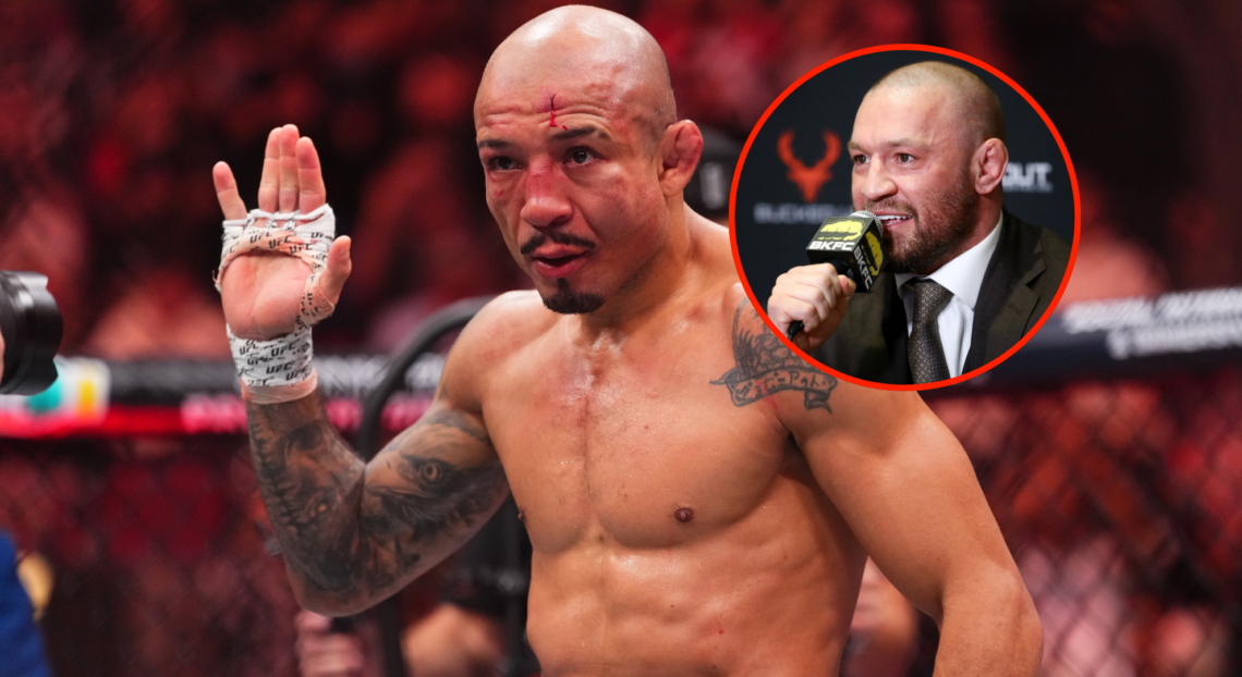 Main photo shows Jose Aldo waving goodbye to the fans after his final UFC fight. Bubble shows Conor McGregor speaking in an animated fashion at a B...