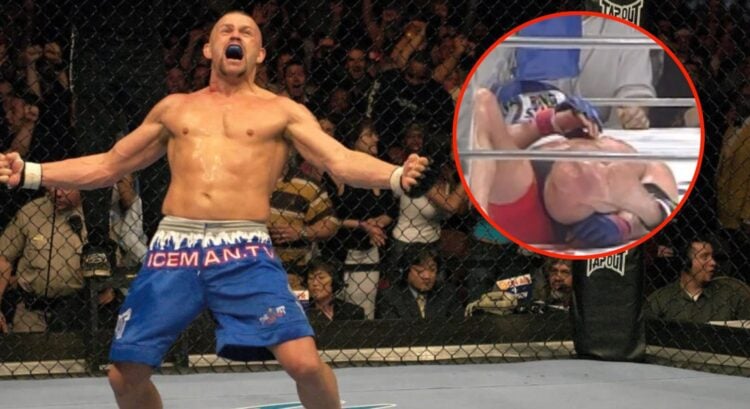Chuck Liddell celebrates his win at UFC 47, with an inset of Guy Megzer unconscious at Pride 14