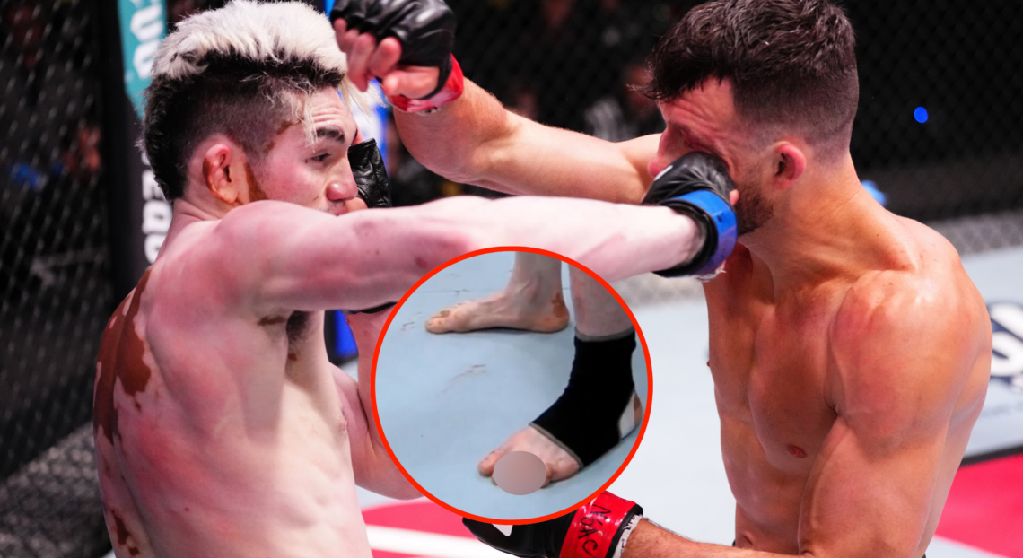 Melquizael Costa punches Julian Erosa during their fight at UFC Vegas 106, inset Costa's feet during the UFC Vegas 106 broadcast