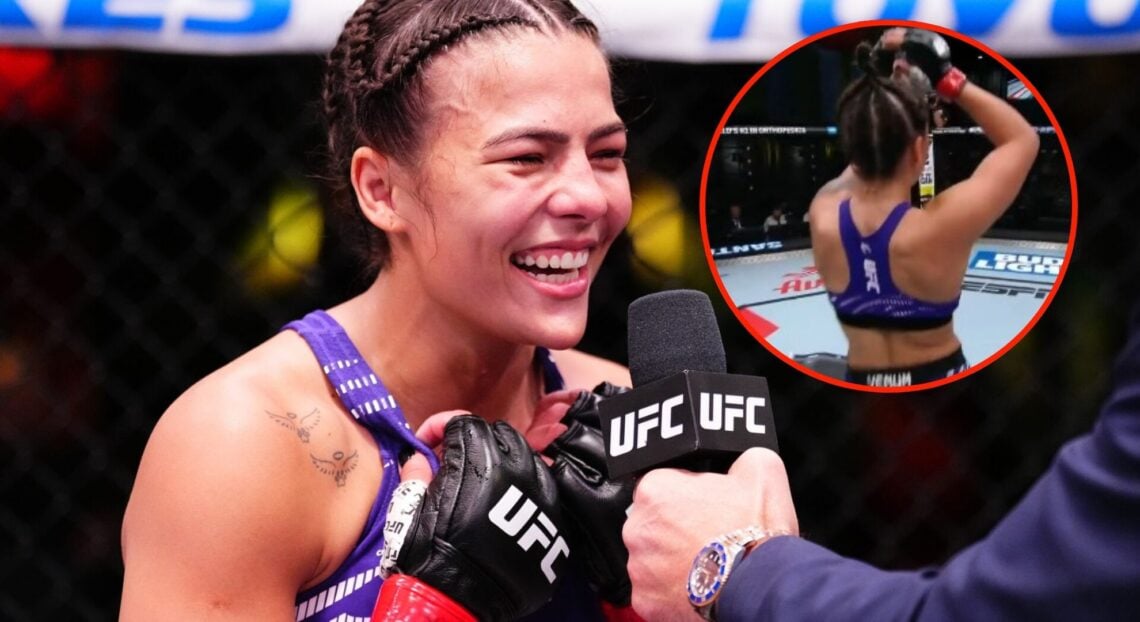 Luana Santos reacts to her submission win over Tainara Lisboa at UFC Vegas 106 with an inset of her dancing
