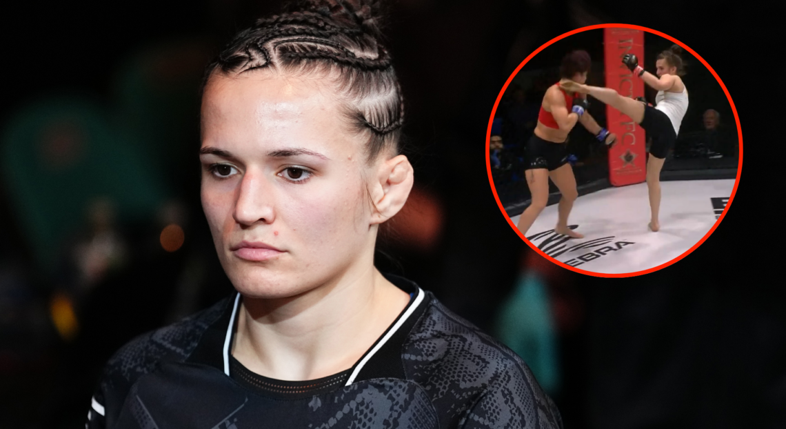 Erin Blanchfield walks out to the cage for her headlining fight at UFC Atlantic City, inset Blanchfield knocking out Victoria Leonardo
