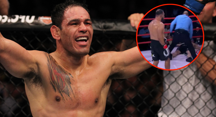 Antonio Rogerio Nogueira celebrates after defeating Tito Ortiz at UFC 137, inset Nogueira reacting after knocking out Fabio Tadalafellas