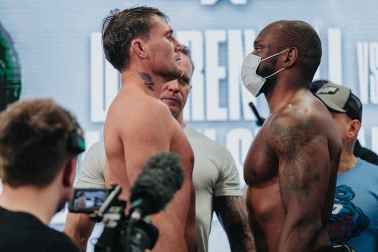 Darren Till and Darren Stewart (wearing a white face mask) face off at the Misfits 21 weigh-ins