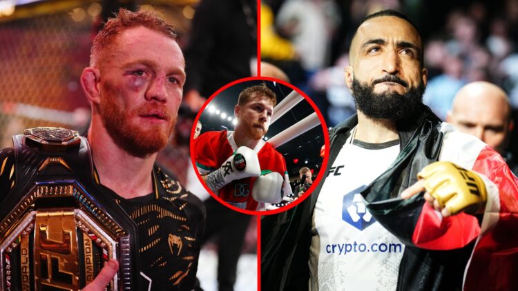 Split image of Jack Della Maddalena afte defeating Belal Muhammad and Belal Muhammad walking to the cage, with an inset of Canelo Alvarez entering ...