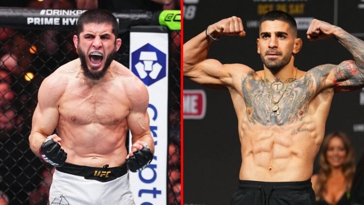 Split image of Islam Makhachev celebrating a victory and Ilia Topuria weighing-in
