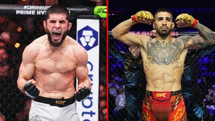 Split image of Islam Makhachev celebrating a win and Ilia Topuria about to fight