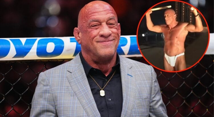 Image of Mark Coleman in the cage at UFC 300 with an inset of nearly naked on stage at a RIZIN event
