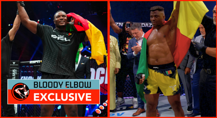 Maxwell Djantou Nana (right) and Francis Ngannou (left) holding aloft Cameroon flags as they celebrate their wins in PFL. Overlay text reads: BLOOD...