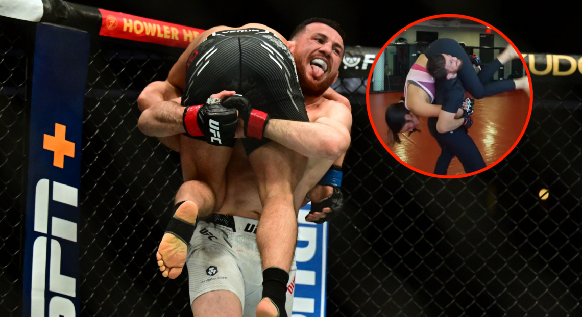 Main photo shows Merab Dvalishvili carrying Henry Cejudo in a UFC fight. Bubble shows Merab carrying Nina Drama