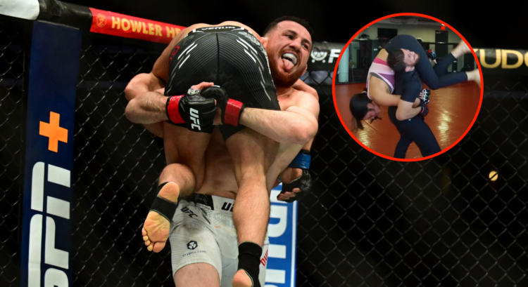 Main photo shows Merab Dvalishvili carrying Henry Cejudo in a UFC fight. Bubble shows Merab carrying Nina Drama
