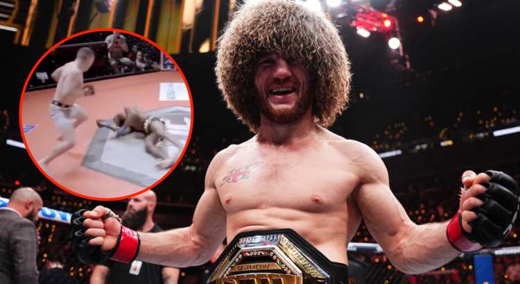 Merab Dvalishvili poses with the UFC bantamweight title, inset Dvalishvili fighting Raufeon Stots at Ring of Combat 59