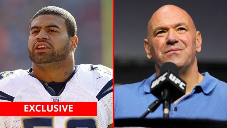 Split image of Shawne Merriman playing for the San Diego Chargers and Dana White at a press conference with exclusive banner