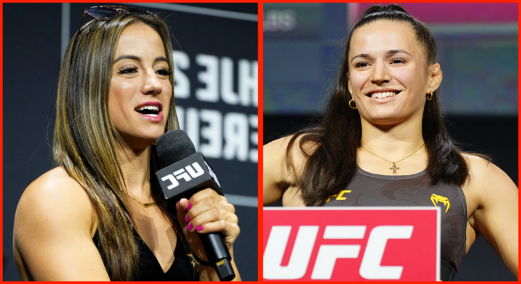 Maycee Barber answers a question during a fan Q+A session ahead of UFC 291, opposite Erin Blanchfield at the UFC Edmonton ceremonial weigh-in
