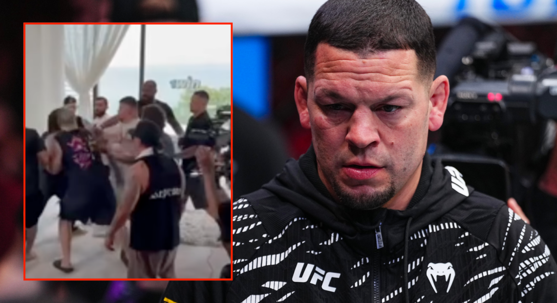 Brawl erupts as Russian fighter puts hands on Nate Diaz with main image of Nate Diaz in the corner of Kron Gracie at UFC 310