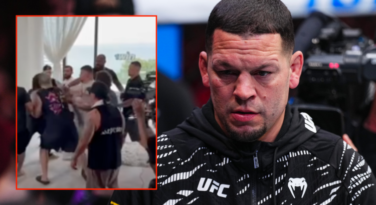 Brawl erupts as Russian fighter puts hands on Nate Diaz with main image of Nate Diaz in the corner of Kron Gracie at UFC 310