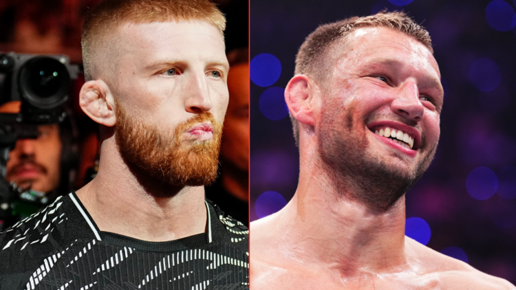 Split image of Bo Nickal walking to the cage at UFC 309 and Reinier de Ridder celebrating beating Kevin Holland