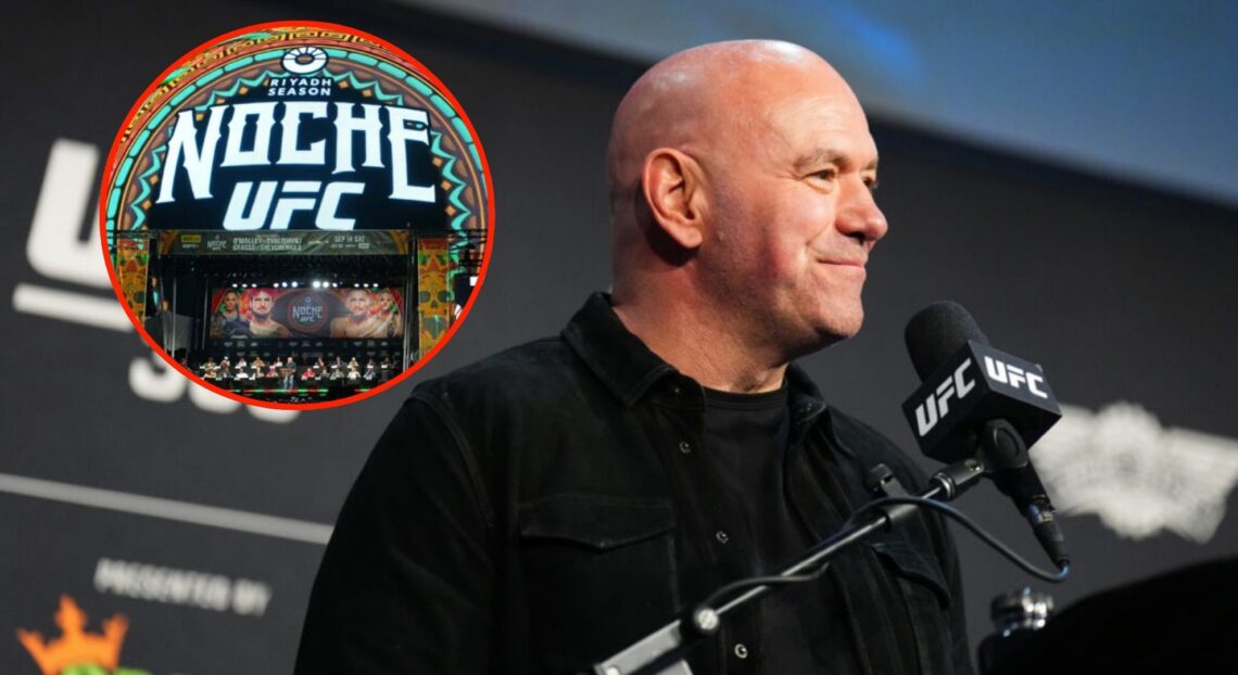 Image of Dana White on the mic at the UFC 309 press confence with an isnet of the Sphere with Noche UFC branding