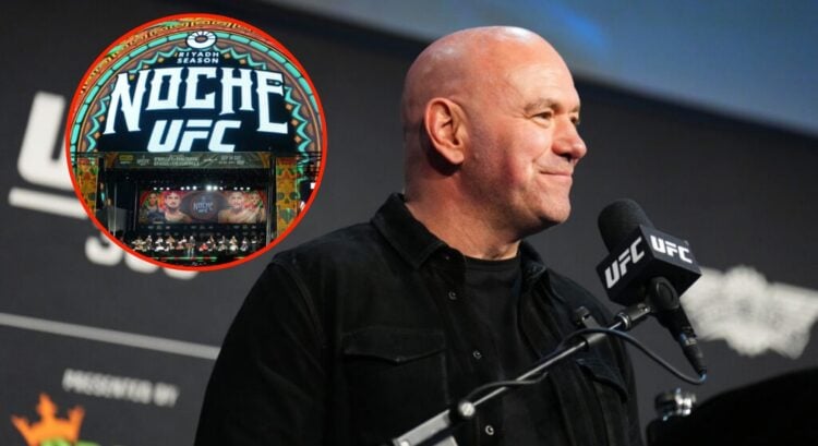 Image of Dana White on the mic at the UFC 309 press confence with an isnet of the Sphere with Noche UFC branding