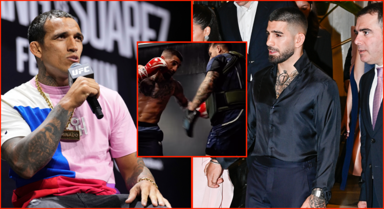 Charles Oliveira at the UFC 312 ceremonial weigh-ins split with Ilia Topuria leaving the Palace Hotel in Spain with an inset of Topuria's new train...