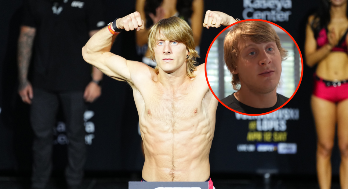 Paddy Pimblett weighing in for UFC 314, with bubble showing his more bloated face a few days later