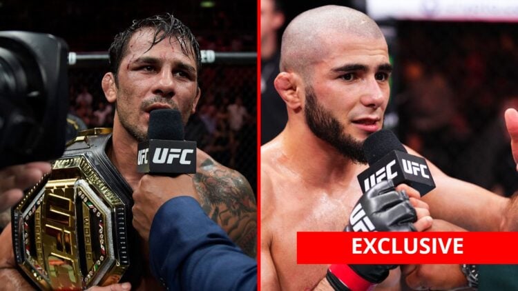 Split image of Alexandre Pantoja and Muhammad Mokaev in UFC interviews with exclusive banner
