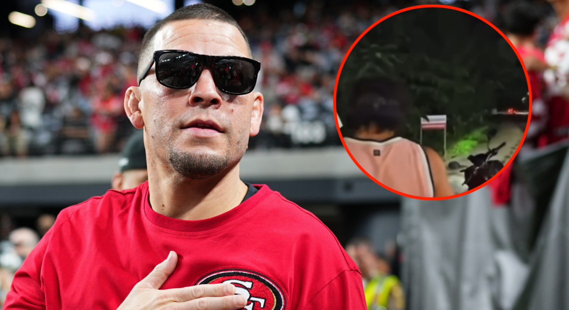 Nate Diaz attends a San Francisco 49ers NFL game, inset Russian MMA fighters on motorcycles following Diaz's team in Thailand