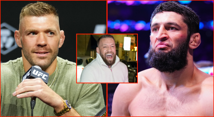 Dricus du Plessis speaks at the UFC 312 press conference, opposite Khamzat Chimaev entering the cage at UFC 308, inset Conor McGregor in Philadelphia