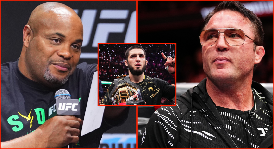 Daniel Cormier answers a question from a fan during a UFC Q+A, opposite Chael Sonnen after cornering at UFC Tampa, inset Islam Makhachev after his ...