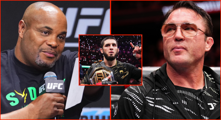 Daniel Cormier answers a question from a fan during a UFC Q+A, opposite Chael Sonnen after cornering at UFC Tampa, inset Islam Makhachev after his ...