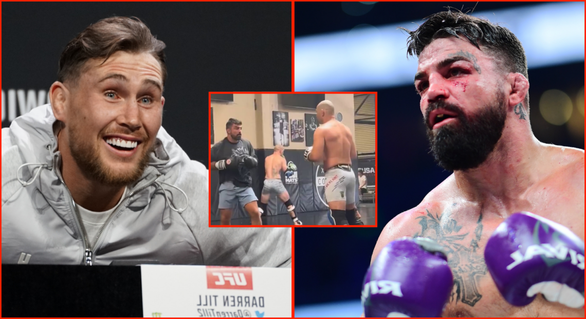 Darren Till appears at the UFC 282 press conference, opposite Mike Perry during his fight vs. Jake Paul, inset Perry and Sean Strickland sparring