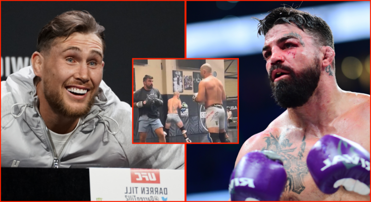 Darren Till appears at the UFC 282 press conference, opposite Mike Perry during his fight vs. Jake Paul, inset Perry and Sean Strickland sparring