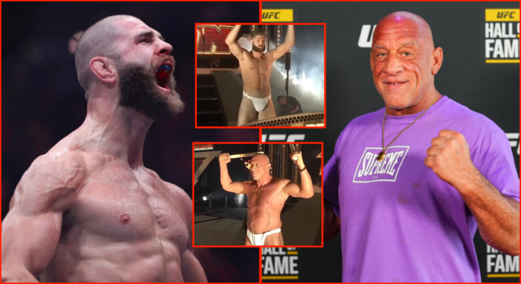 Split image of Jiri Prochazka celebrating his win at UFC 311 and Mark Coleman at the 2024 UFC Hall of Fame ceremony, with two insets of Prochazka a...