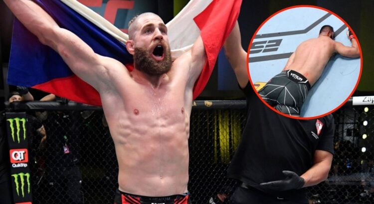 Image of Jiri Prochazka celebrating his KO win at UFC Vegas 25 , with an inset of his opponent, Dominick Reyes, unconcious