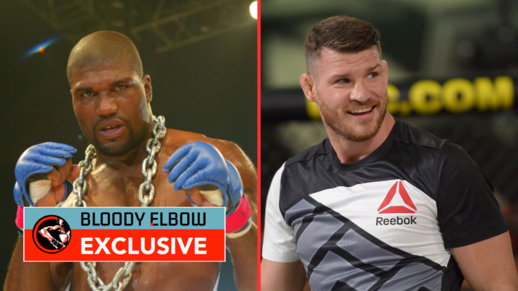 Split image of Quinton 'Rampage' Jackson after beating Chuck Liddell and Michael Bisping during training with exclusive banner