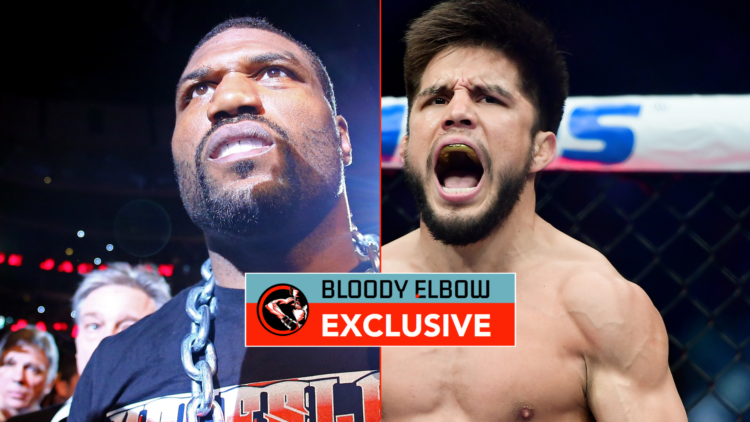 Split image of Quinton 'Rampage' Jackson ahead of his fight with Glover Teixeira and Henry Cejudo after defeating TJ Dillashaw, with exclusive banner