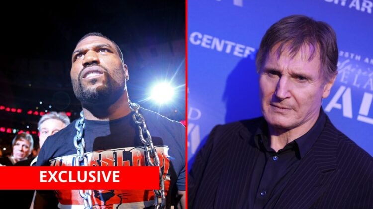 Split image of Quinton 'Rampage' Jackson walking to the cage and Liam Neeson at the Irish Arts Center gala
