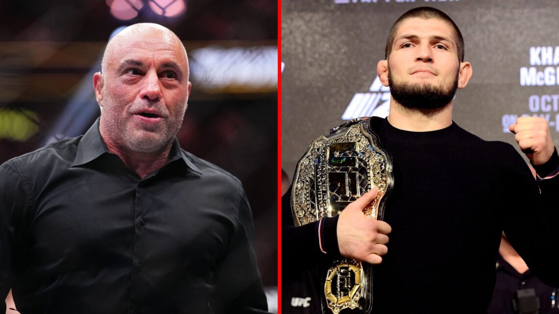 Split image of Joe Rogan inside the octagon and Khabib Nurmagomedov at a press conference