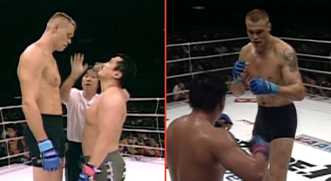 Split image of Semmy Schilt and Akira Shoji facing off before and during their fight at Pride 16