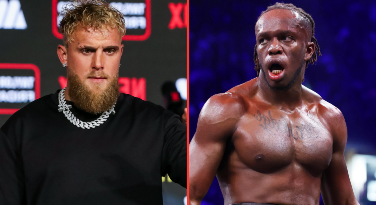Jake Paul appears at a press conference for Katie Taylor vs. Amanda Serrano 3, opposite KSI during his fight against Tommy Fury