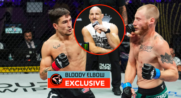 Biaggio Ali Walsh punches an opponent, with bubble showing Sean Strickland spaking at a UFC press conference. Overlay text reads: BLOODY ELBOW EXCL...