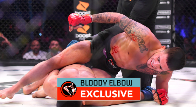 Sergio Pettis knocks out Alfred Khashakyan at Bellator 238. Overlay text reads: BLOODY ELBOW EXCLUSIVE