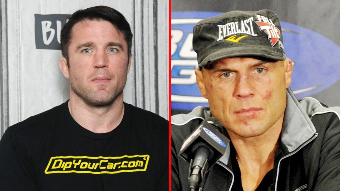 Split image of Chael Sonnen at a Build media event and Randy Couture at a UFC press conference