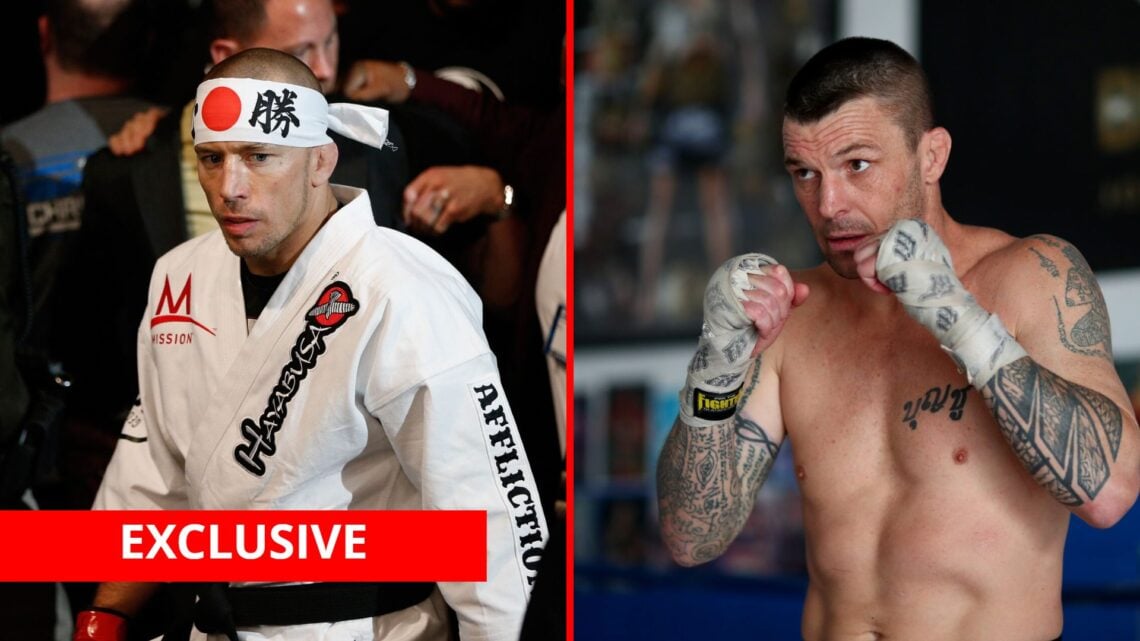 Split image of Georges St-Pierre walking to the cage and John Wayne Parr at a photoshoot with exclusive banner