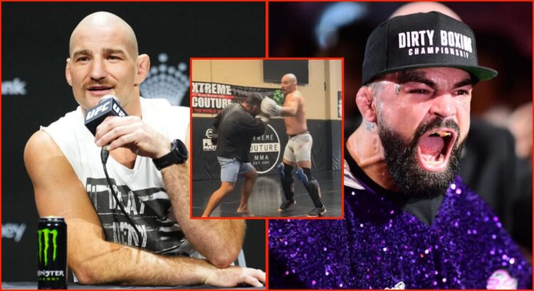 Split image of Sean Strickland at a UFC press conference and Mike Perry walking out for a fight, inset a screenshot of the two of them sparring